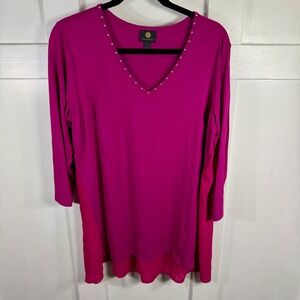 JM Collection Womens 0X Magenta Studded V Neck 3/4 Sleeve Tunic Top